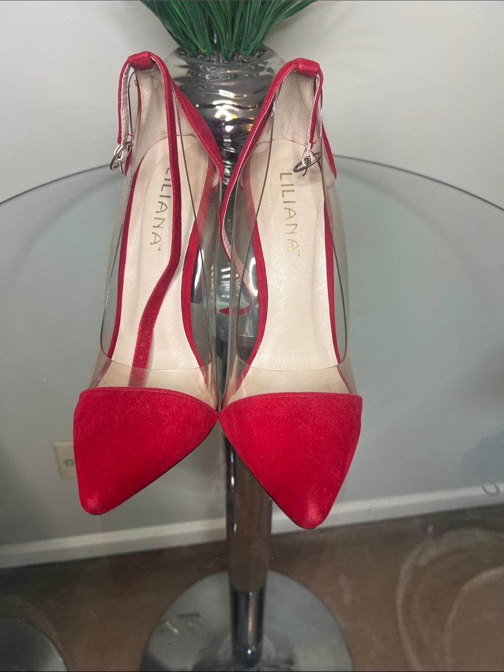 Liliana Red Pointed-Toe Clear-Panel Ankle-Strap Pumps